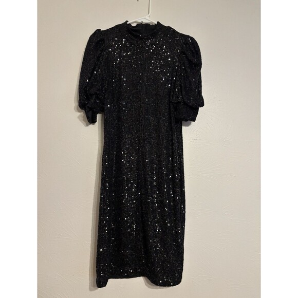 Black Sequin Dress Small Puff Short-Sleeves Glam Fem Sparkle High Neck Holiday - Picture 1 of 5